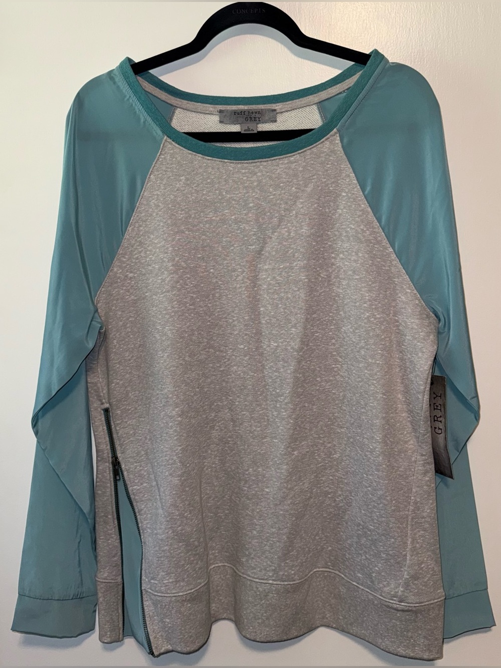Ruff Hewn Heather Grey Pullover with Teal Raglan Sleeves